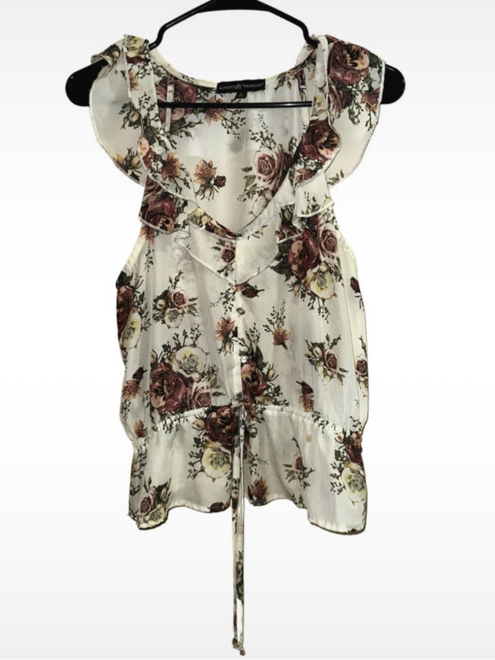 Floral Ruffle V-Neck Sleeveless Top - White with Rose Print